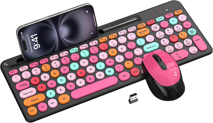 Colorful Wireless Keyboard and Mouse Combo - Round Keycaps, 2.4GHz Retro Typewriter Keyboard with Number Pad, Cute