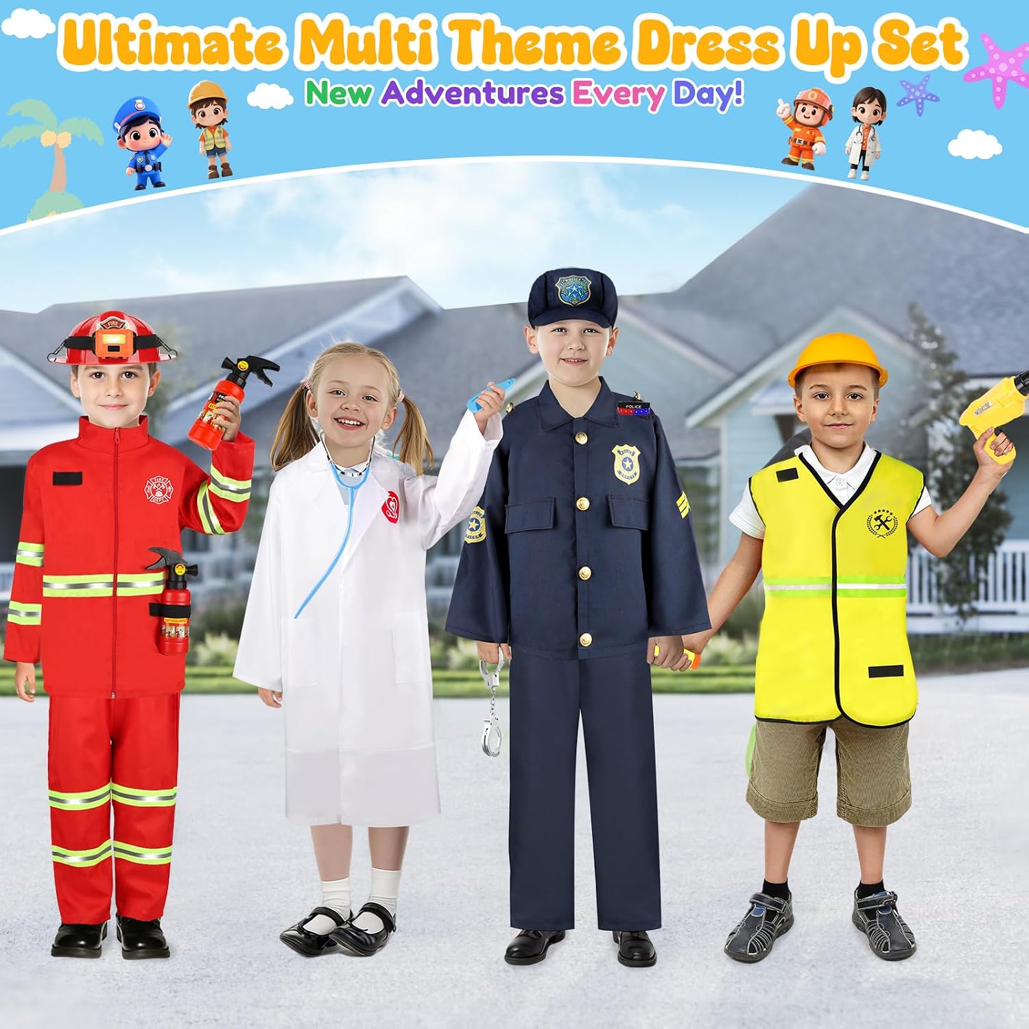Toddler Dress Up Clothes,4 In 1 Role Play Costumes for kids 3–8 | Includes Police, Doctor,Fireman,Engineer for kids