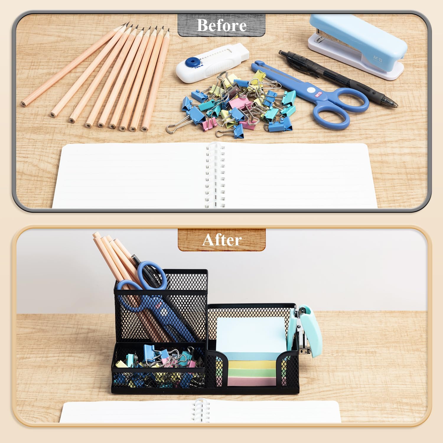 Mesh Pen Holder Desk Organizers Pencil Holder for Desk Black, 3 Compartments Metal Office Supply Organizer with