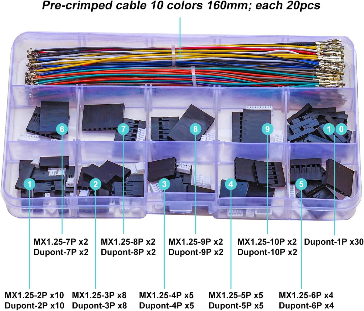 Compatible with Dupont 2.54mm Wire Cable Connectors to MX1.25 Assortment Kit, 2P 3P 4P 5P 6P 7P 8P 9P 10P Housing with 160mm 28AWG Pre-Crimped Cable (TC-DP-MX1.25)