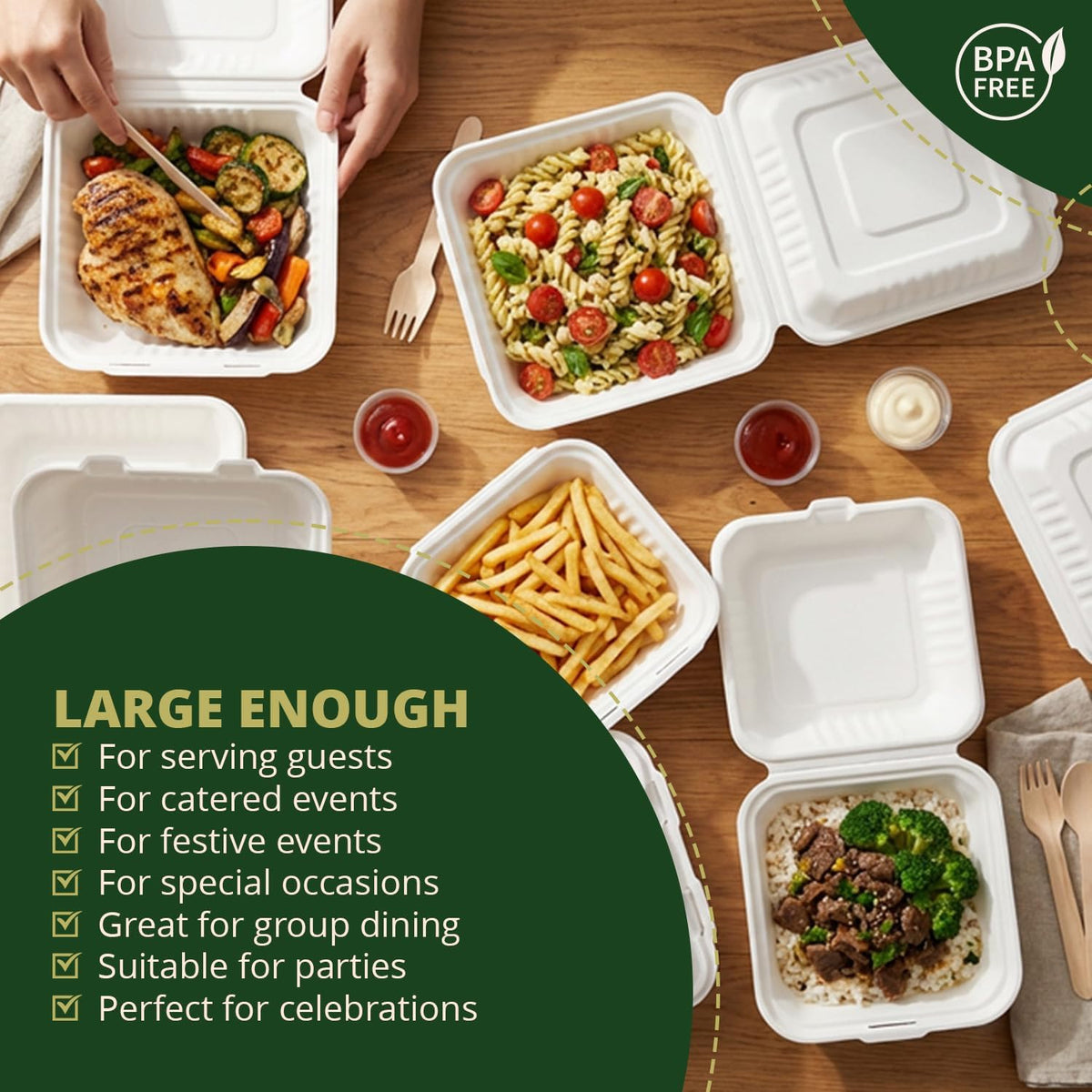 100% Compostable Clamshell Take Out Food Containers 8X8" 50-Pack Heavy-Duty Quality to go Containers, Natural