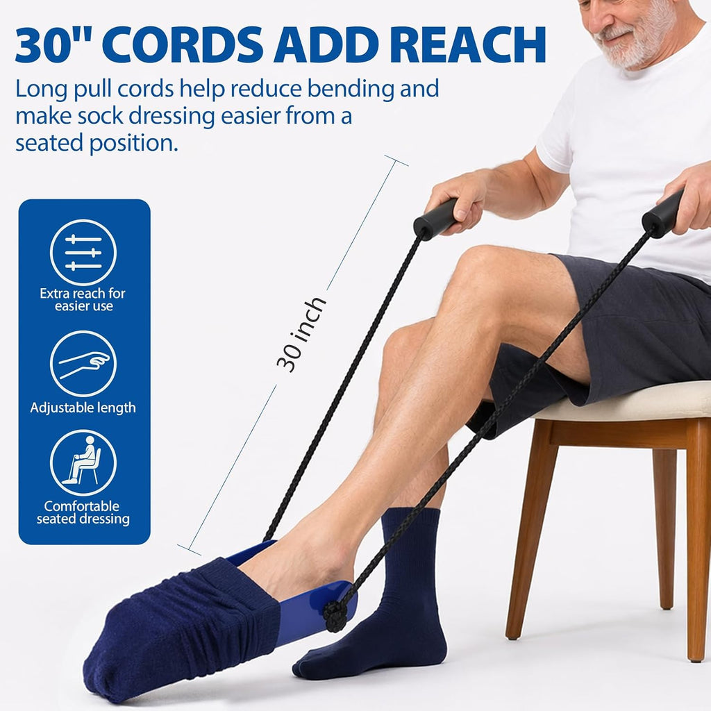 Blue Jay Formed Sock Aid Device with Molded Plastic Shell, 30 Inch Adjustable Cord, Large Foam Handles, Puller Assist