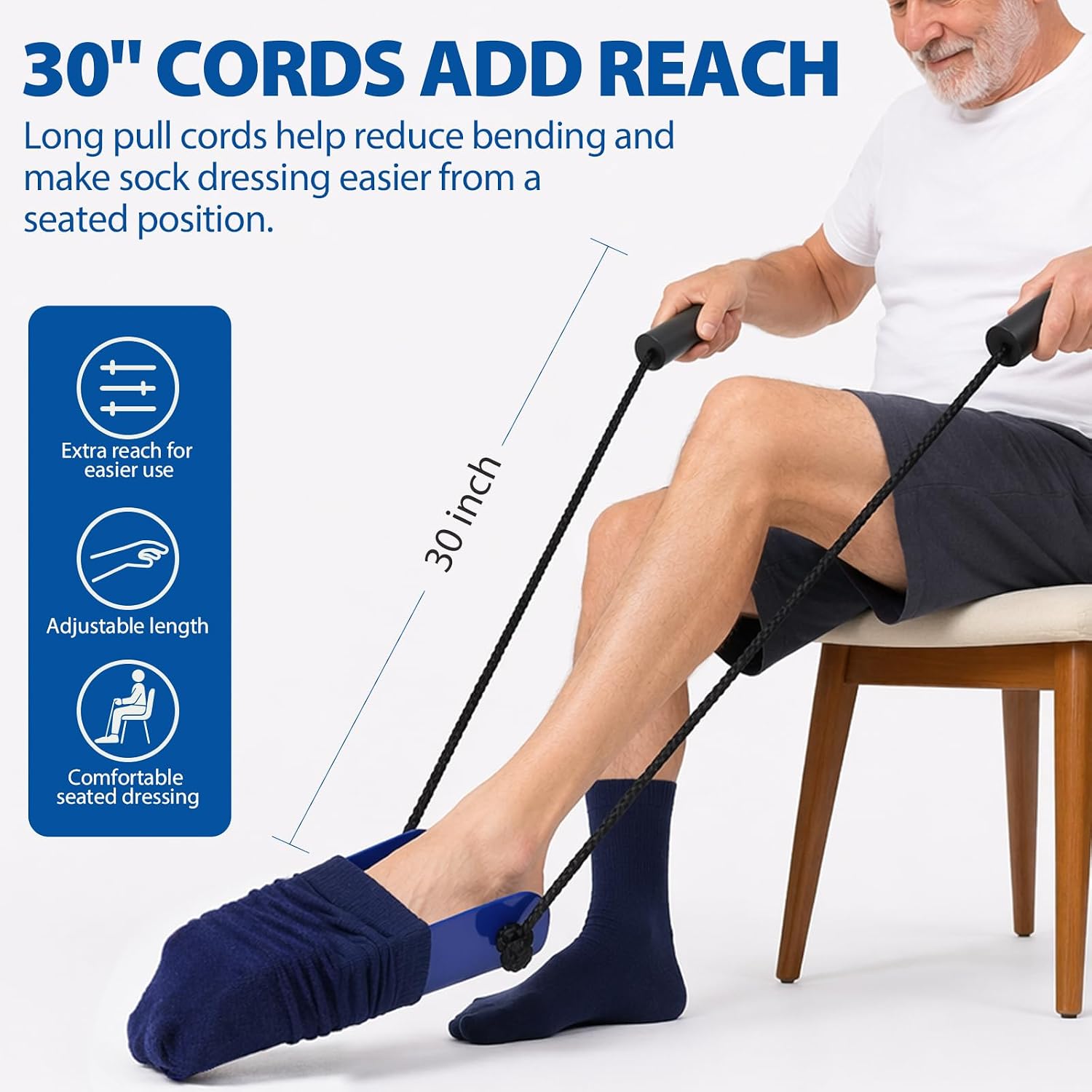 Blue Jay Formed Sock Aid Device with Molded Plastic Shell, 30 Inch Adjustable Cord, Large Foam Handles, Puller Assist