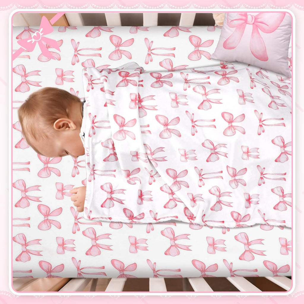 Baby Pink Bow Crib Bedding Set 3 Pcs Crib Set Baby Blanket, Fitted Sheet, Pillowcase Soft Flannel Nursery Bedding for