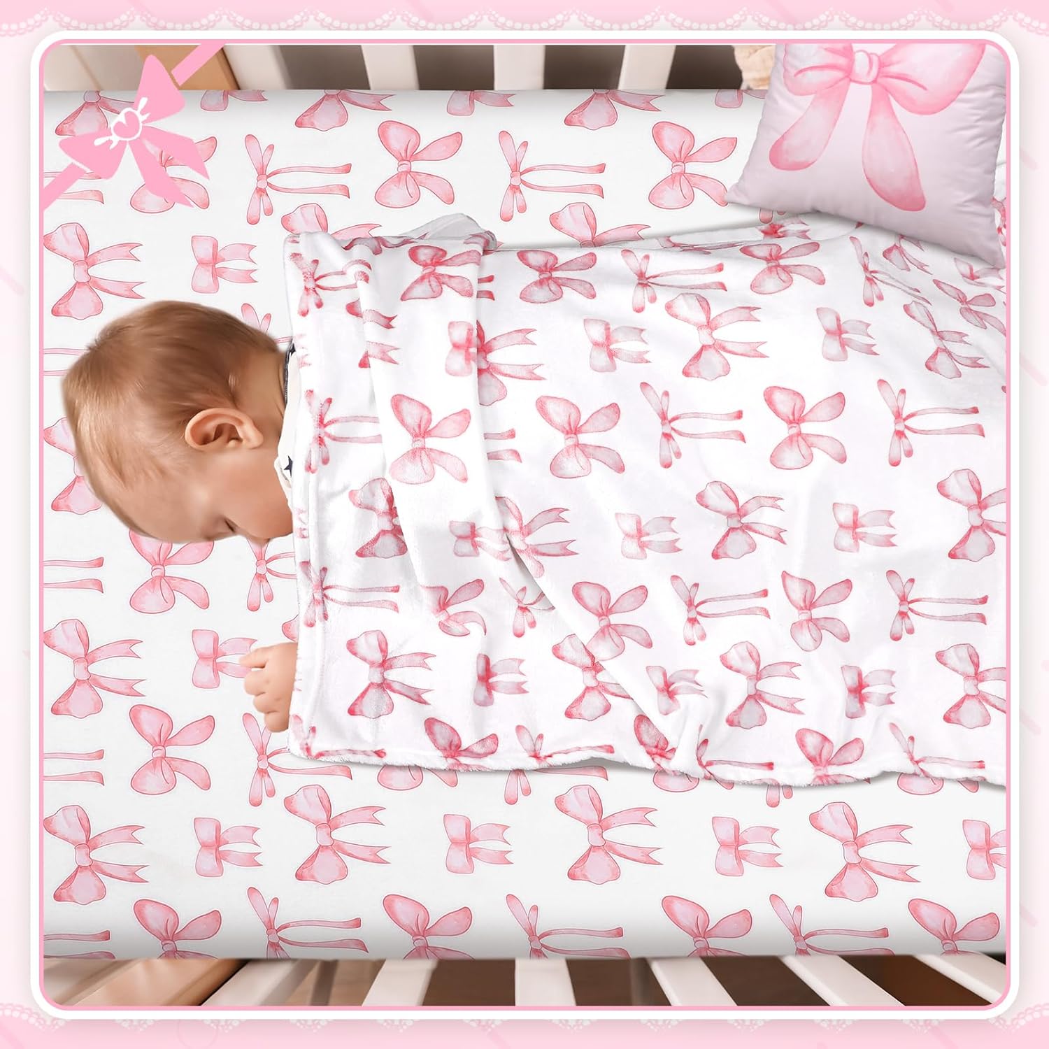 Baby Pink Bow Crib Bedding Set 3 Pcs Crib Set Baby Blanket, Fitted Sheet, Pillowcase Soft Flannel Nursery Bedding for