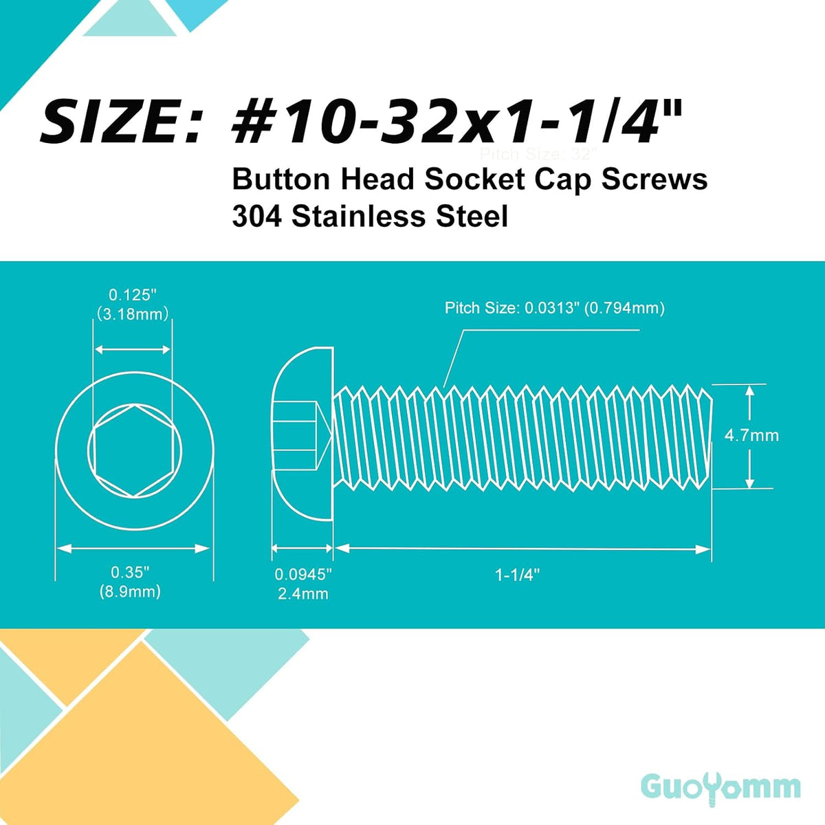 #10-32 x 1-1/4" Button Head Socket Cap Screws Bolts, Stainless Steel 18-8 (304), Metric Allen Hex Drive, Fully Threaded, Bright Finish, 30 PCS