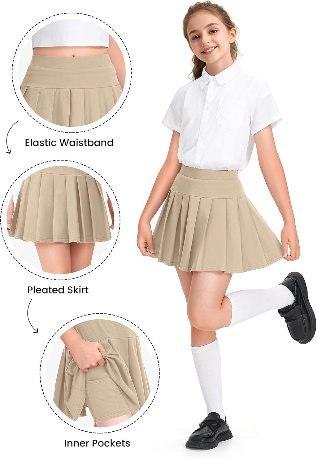 Girls Uniform Skirts with Built-in Shorts & Pockets | Pleated Skorts,Cotton Tennis Skorts