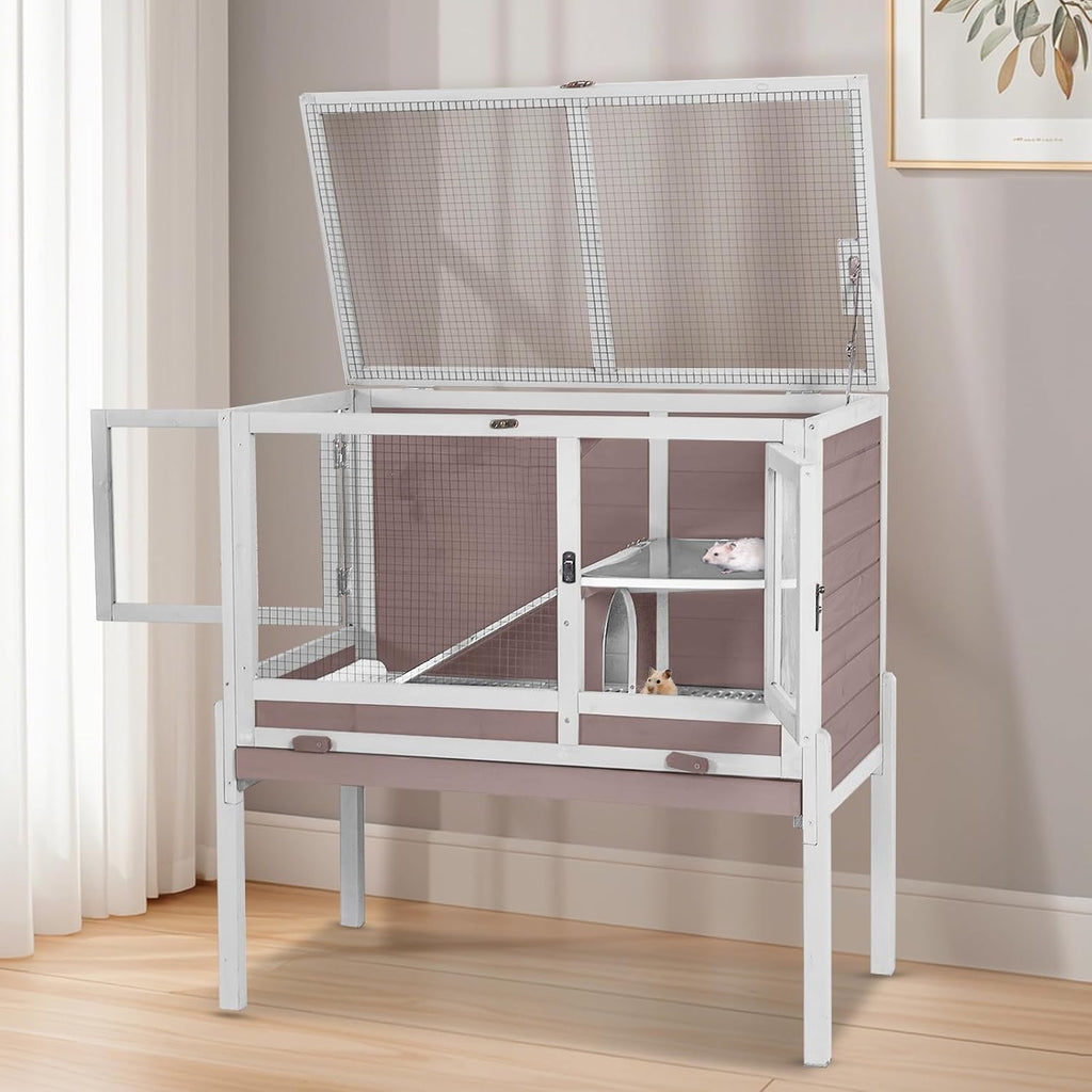 Wooden Guinea Pig Cages Indoor,Two-Story Wooden Rabbit Cage Hutch with Removable Stand and Pull Out Tray, Small