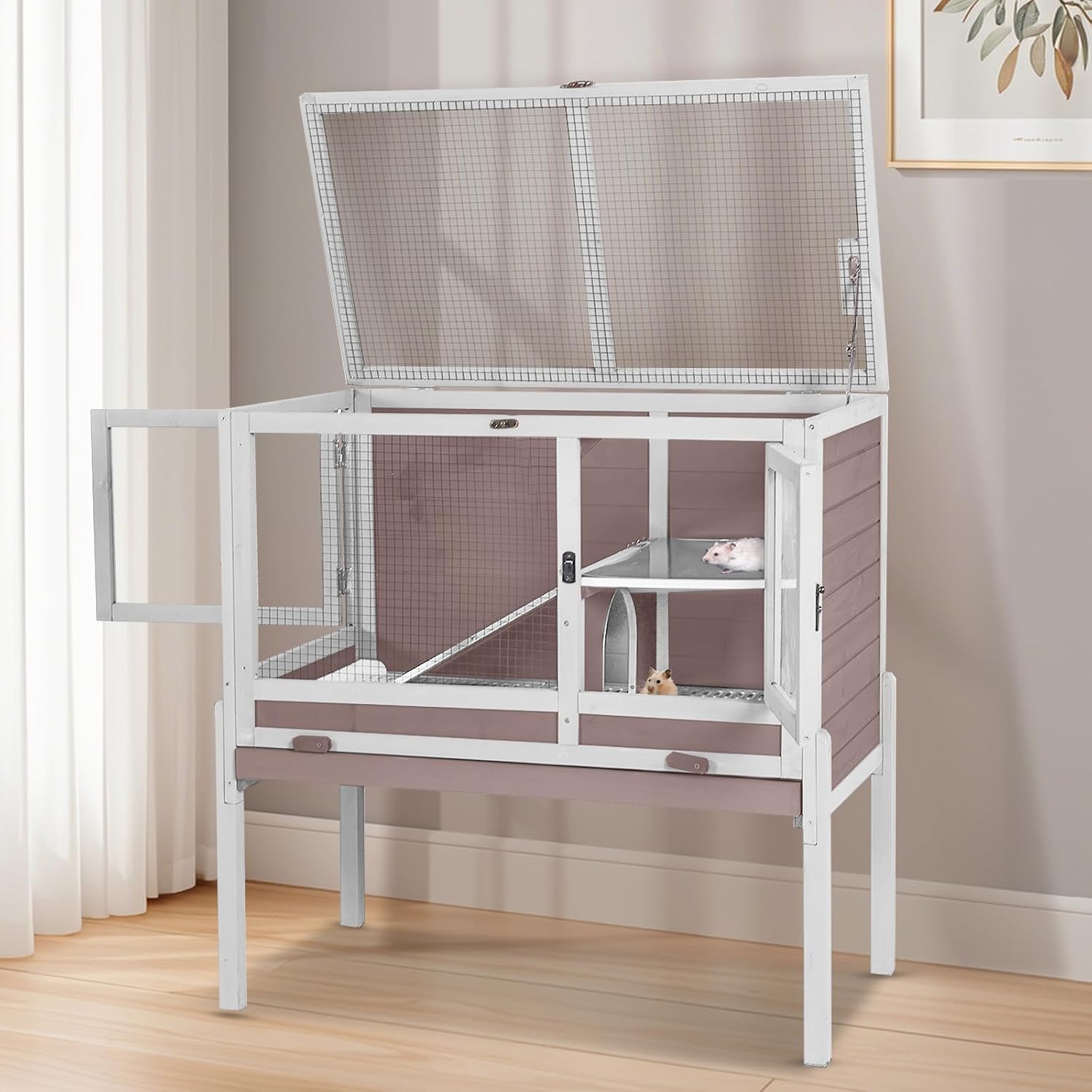 Wooden Guinea Pig Cages Indoor,Two-Story Wooden Rabbit Cage Hutch with Removable Stand and Pull Out Tray, Small