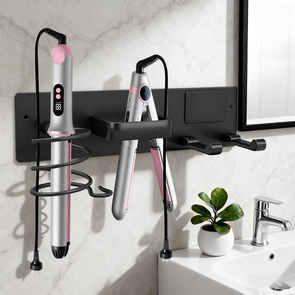 Blow Dryer Holder Wall Mount, 3 in 1 Bathroom Hair Tool Organizer with Curling Iron Holder & Flat Iron Holder