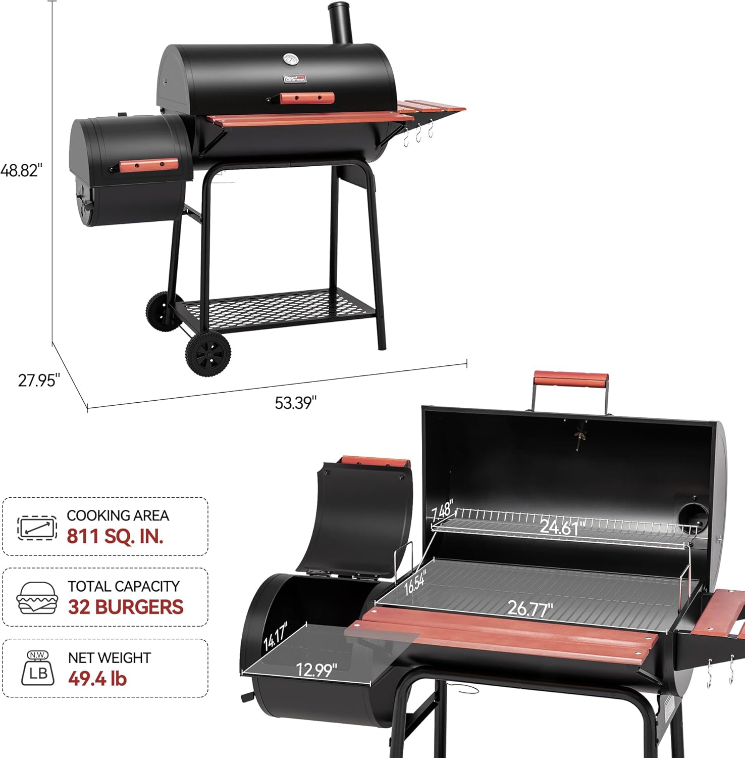 30-Inch Charcoal Grill with Offset Smoker, Wood-Painted Table