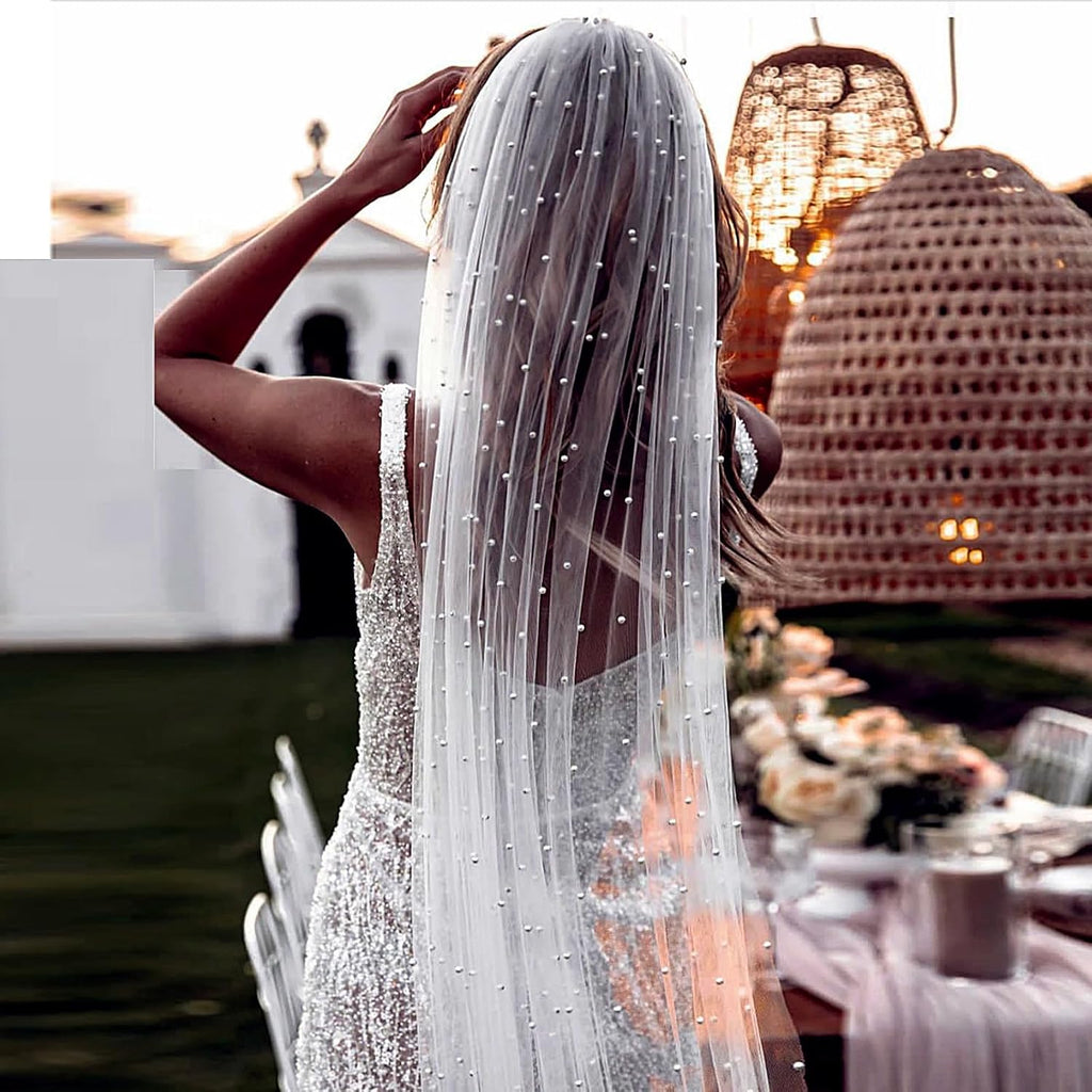 White Pearl Bride Veil Long Bridal Pearl Veils with Hair Comb Wedding Accessories for Women Girls White 1 Tier Long