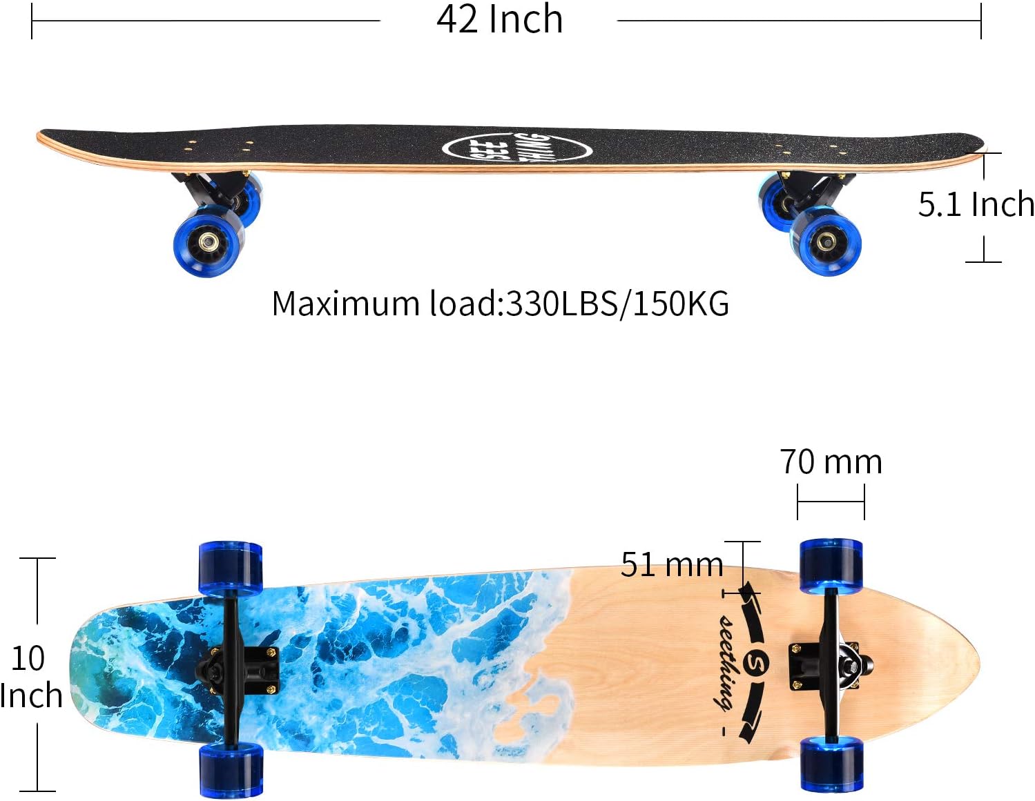 42 Inch Longboard Skateboard Complete Cruiser Pintail,The Original Artisan Maple Skateboard Cruiser Pintail for