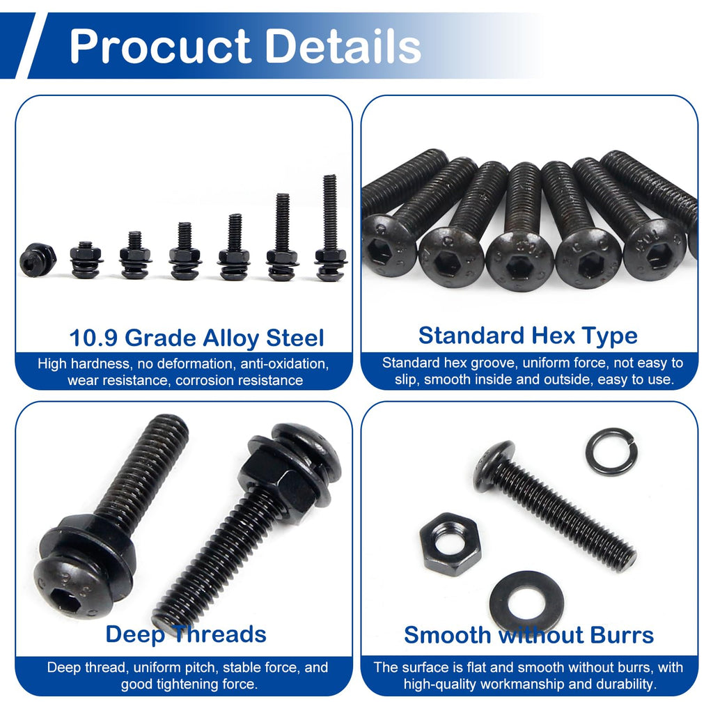 180 Pieces M6 Button Head Socket Cap Screws Nuts Washers Set Black