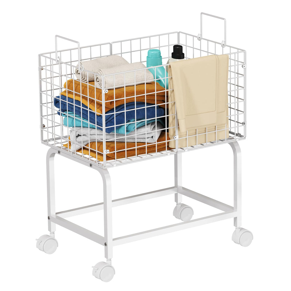 Laundry Basket with Wheels,80L Wire Rolling Laundry Basket with Pull Handle,White High Laundry Cart for Laundry