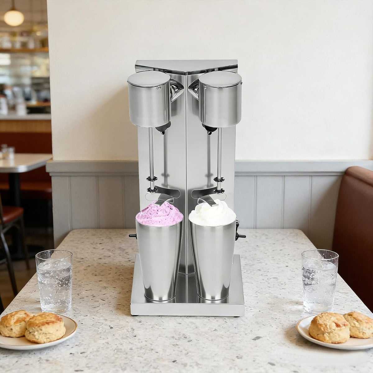 110V 180W Double Head Milkshake Maker, Commercial Milk Shake Machines, 8K Finishing 800ML Stainless Steel 16000Rpm