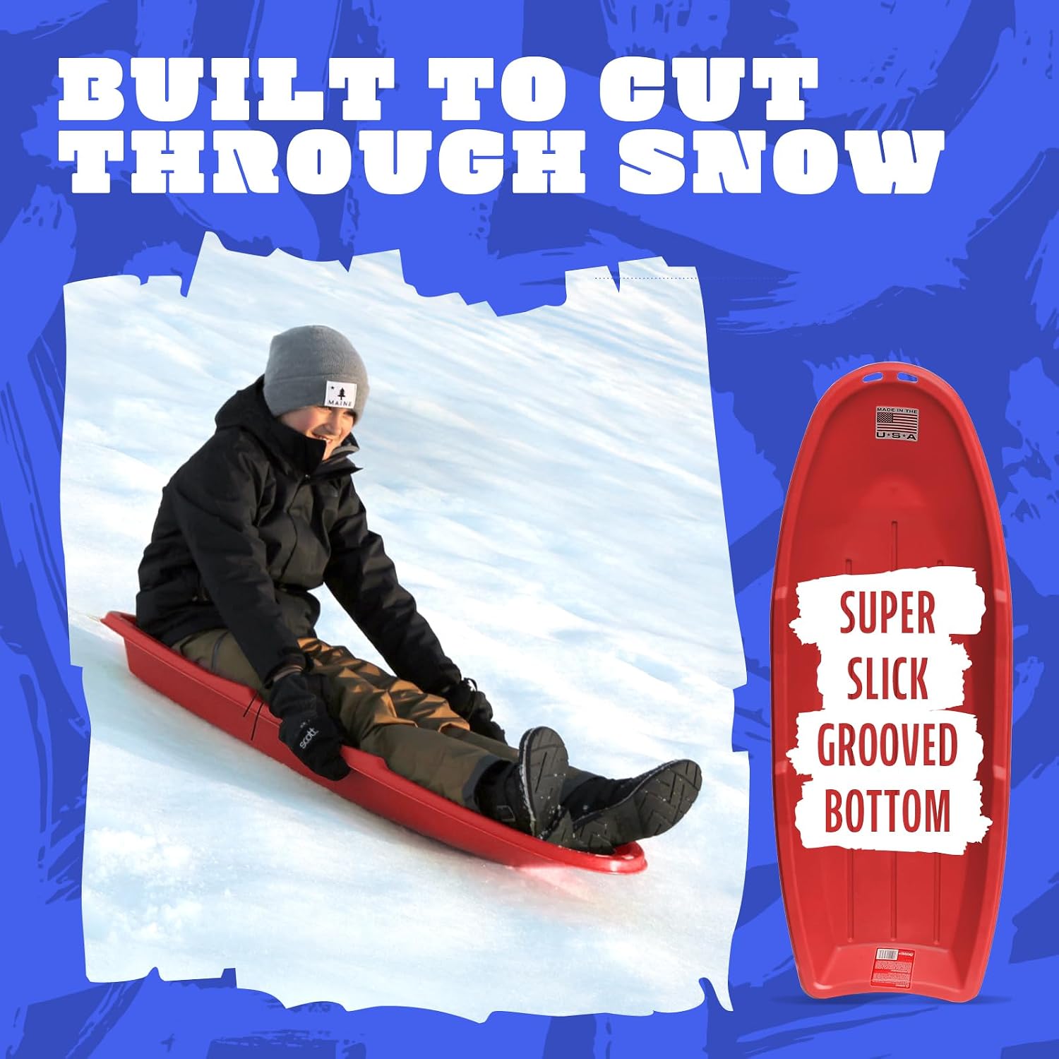 Winter Lightning Snow Sleds for Kids and Adults (Red) - 48 Inch Toboggan Style Plastic Sled with Hard Bottom for