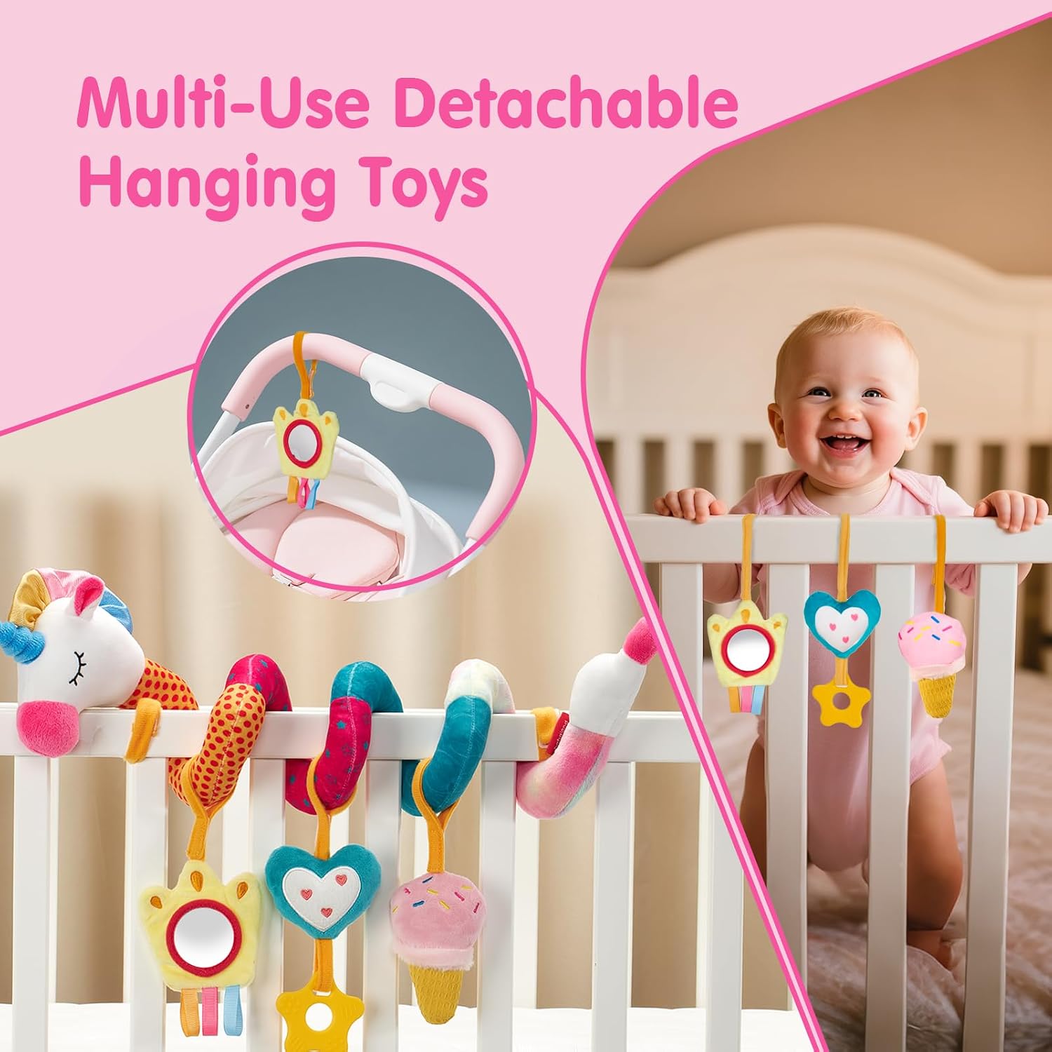 Car Seat Toys for Babies 0-6 Months Girl - Baby Toys 3-6 Months - Rattle, Mirror, Crinkle, Squeaky Carseat Stroller