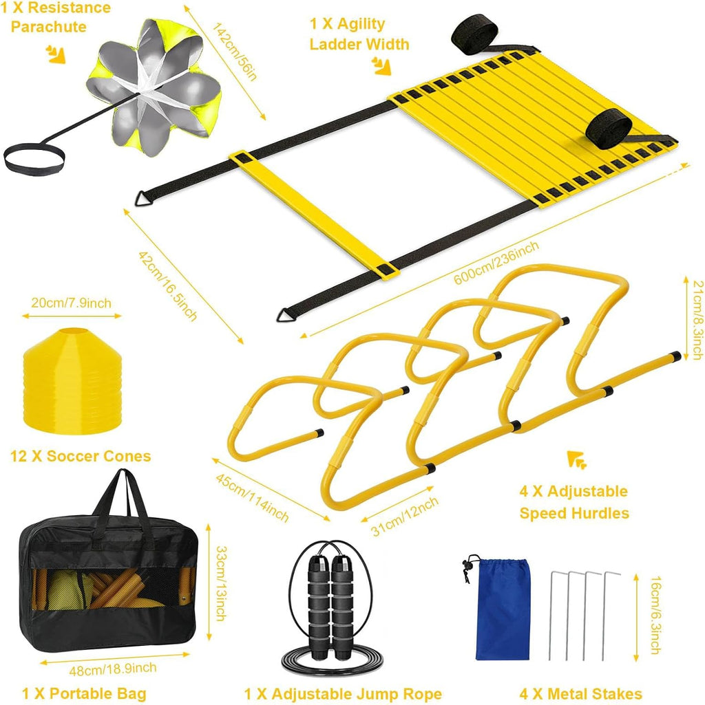 Agility Ladder, Soccer Training Equipment Set, 4 Agility Hurdles, 20ft Speed Ladder, Running Parachute, 12 Football