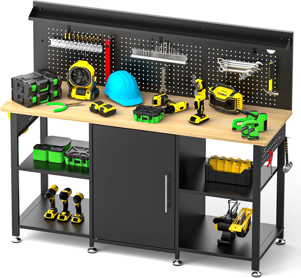 60 Inch Heavy Duty Workbench with Storage Cabinet, Wooden Top, 2000 lbs Capacity, Garage Work Table with Pegboard