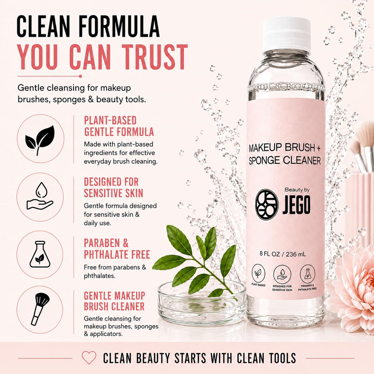 Makeup Brush Cleaner Solution - Sponge Cleaner - Make Up Brush Liquid Cleanser - Hypoallergenic & Plant-Based