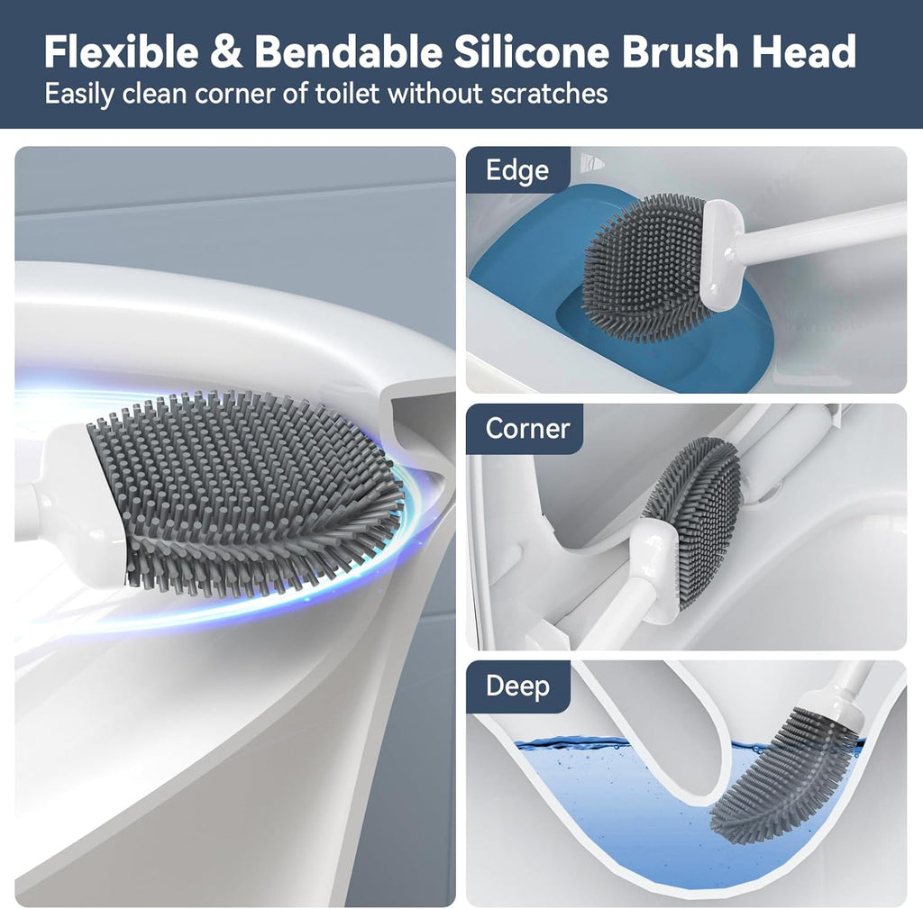 Unique Toilet Plunger and Brush, Silicone Brush and Heavy Duty Toilet Plunger Set with Ventilated Holder, 2-in-1