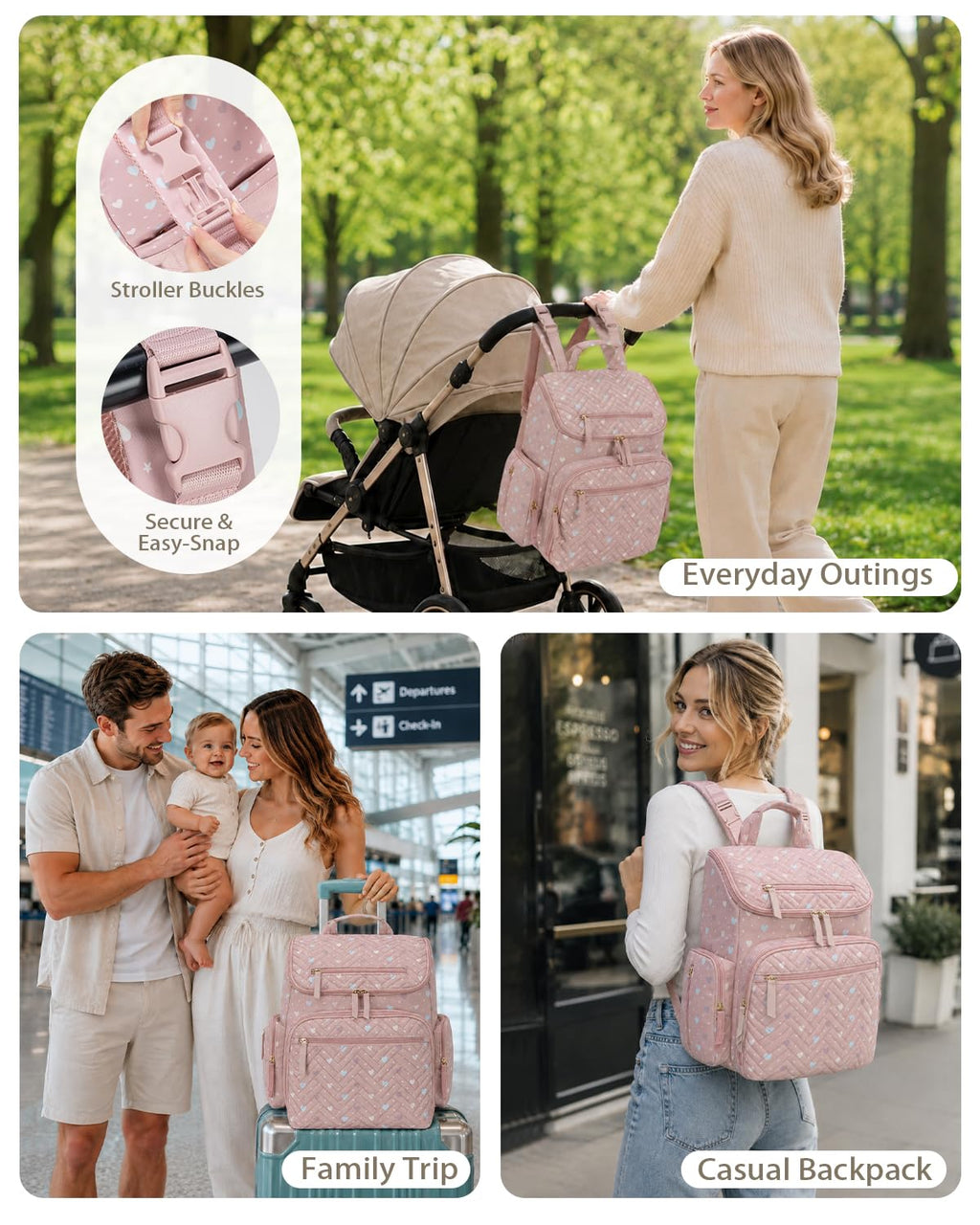 Diaper Bag Backpack with Changing Pad and Insulated Pockets, Heart