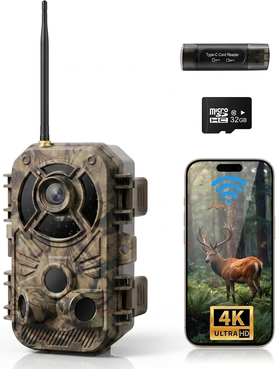 WiFi Trail Camera 4K 48MP, Night Vision Game Camera for Wildlife Hunting, 0.1s Trigger IP66 Waterproof (32GB Card
