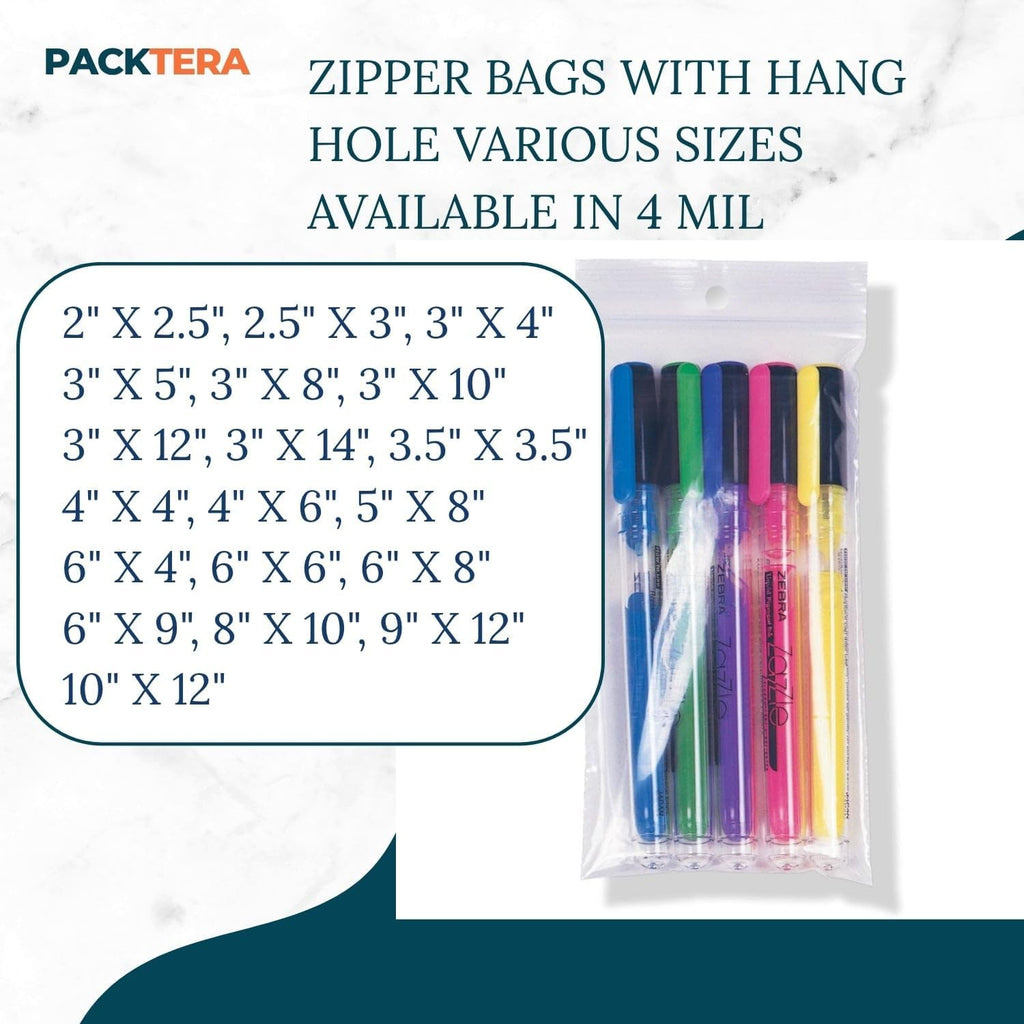10" X 12" Reclosable Zipper Plastic Poly Bags With Hang Hole 4 Mil LDPE (Pack of 50) Clear Sealable With Resealable