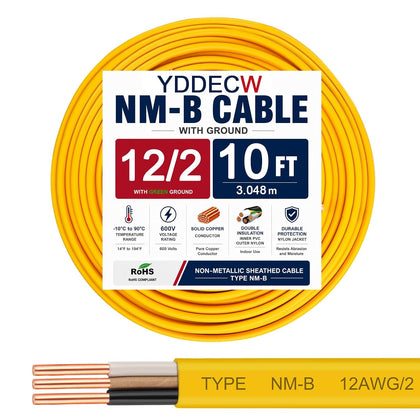 12/2 NM-B Wire with Ground - 10FT 12 Gauge Non-Metallic Sheathed Cable Pure Copper 12 AWG 2 Conductor Residential Indoor Wire for Outlets, Switches and Other Loads etc.