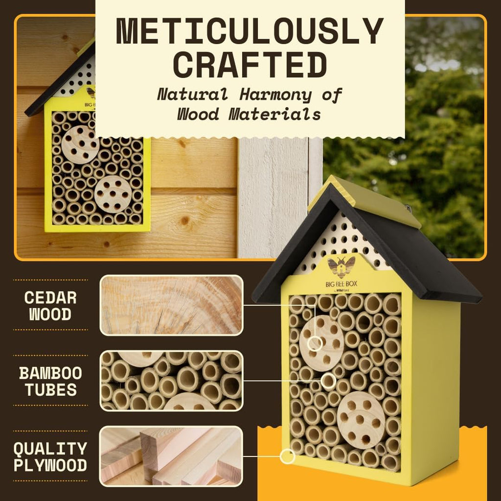 Bee House for Garden - Yellow with Nesting Tubes, Easy Mount