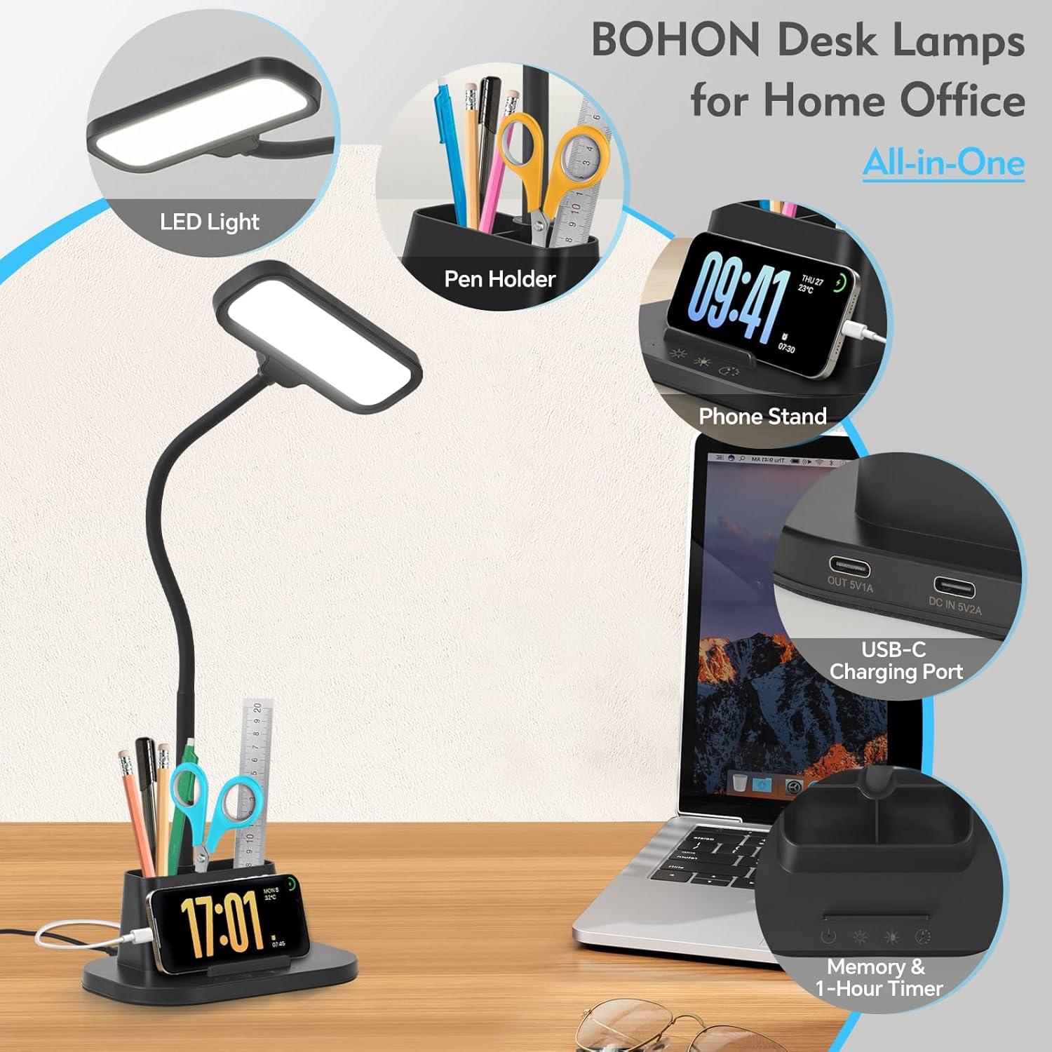 Desk Lamp for Home Office Reading Light with USB Charging Port Black | Small Desk Lamps with Pen Holder, 5 Color