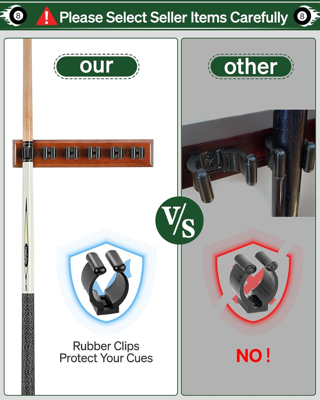 Wall Mount Pool Cue Rack Stick Holder, Billiards Rack | Solid Oak Hardwood Pool Cue Set Holder For Sticks Storage.