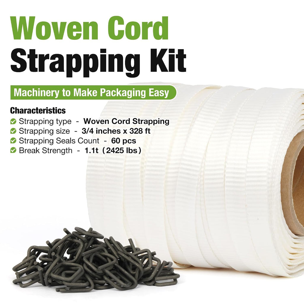 Woven Cord Banding Kit Pallet Packaging Tool 3/4" x 328' Strapping, 60pcs Metal Buckles