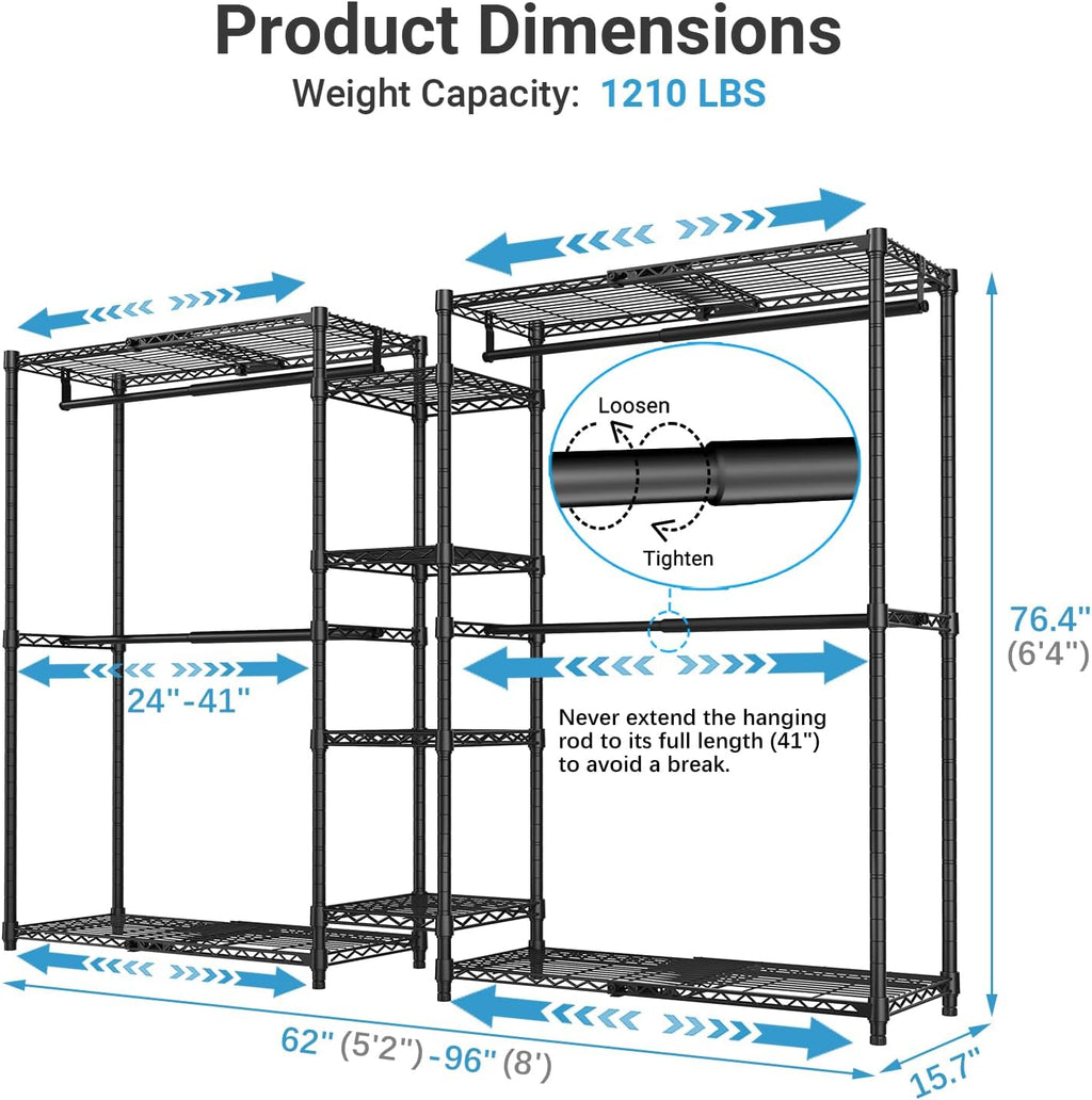 X3 Expandable Heavy Duty Clothes Rack Adjustable from 5'2" to 8' with Adjustable Shelves and Hanger Rods, Large