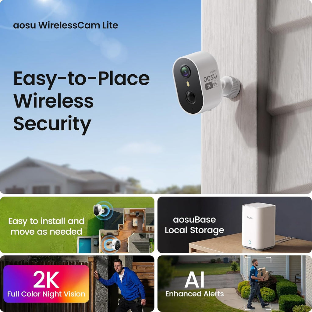 Wireless Outdoor Security Camera Kit with aosuBase Local Storage, 2K with 6X Zoom, 4-View Live, Cross-Camera Person