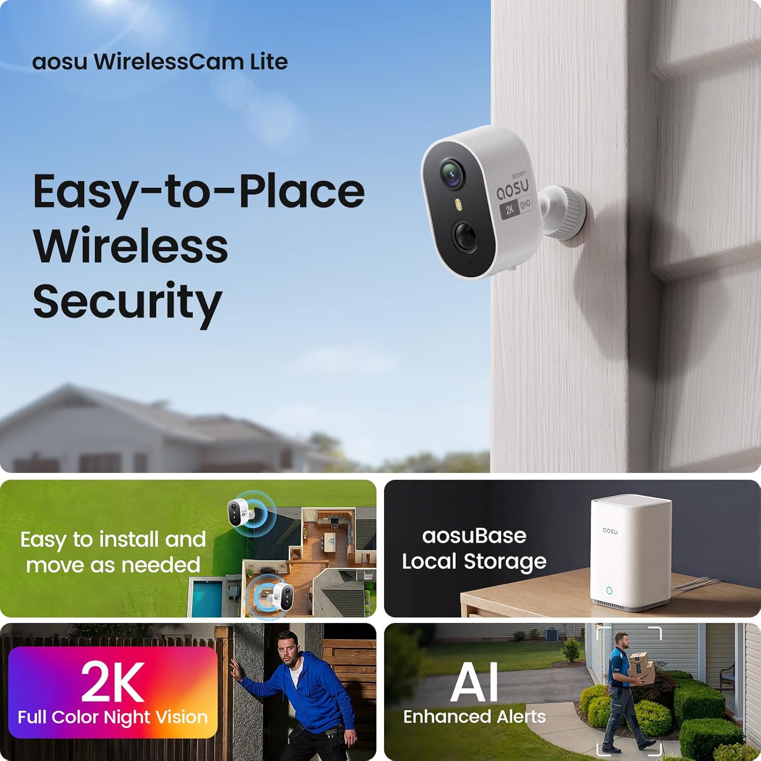 Wireless Outdoor Security Camera Kit with aosuBase Local Storage, 2K with 6X Zoom, 4-View Live, Cross-Camera Person