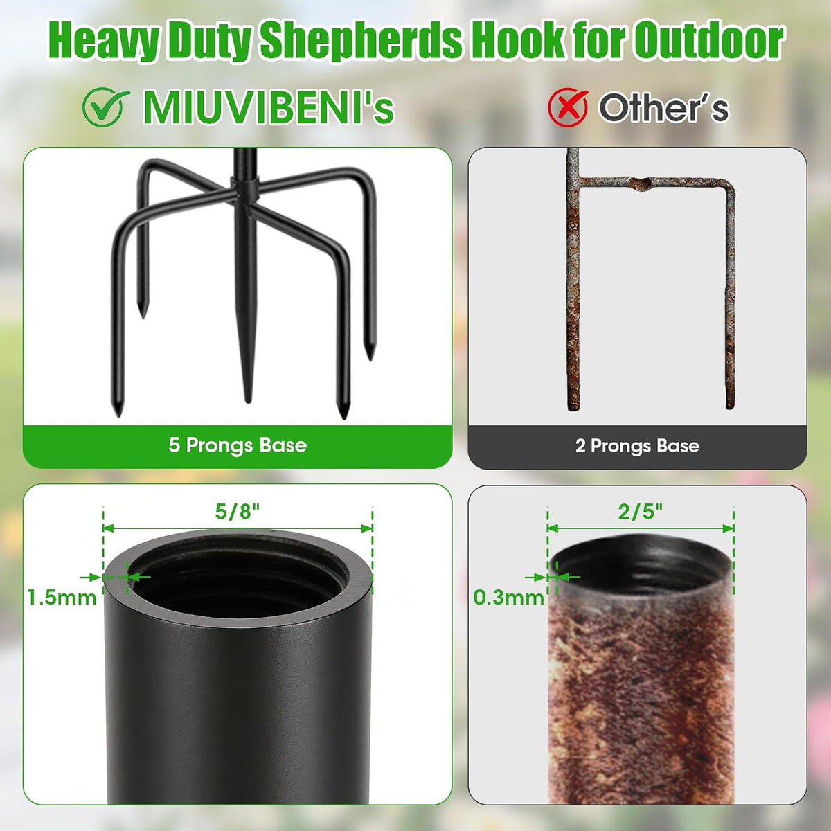 79 Inch Double Shepherds Hooks for Outdoor, Heavy Duty Bird Feeder Pole with 5 Prongs Base for Hanging Lantern