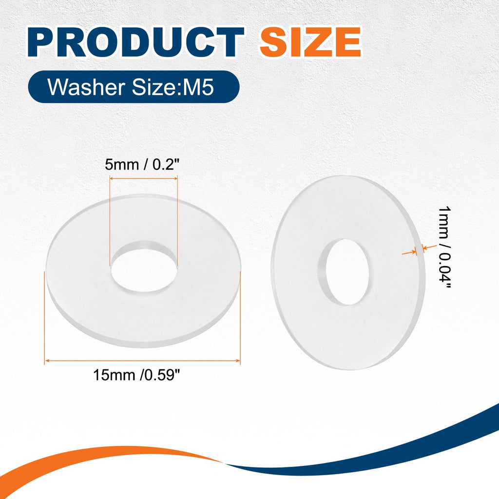55 Pcs Nylon Flat Washer M5 5mm ID 15mm OD 1mm THK