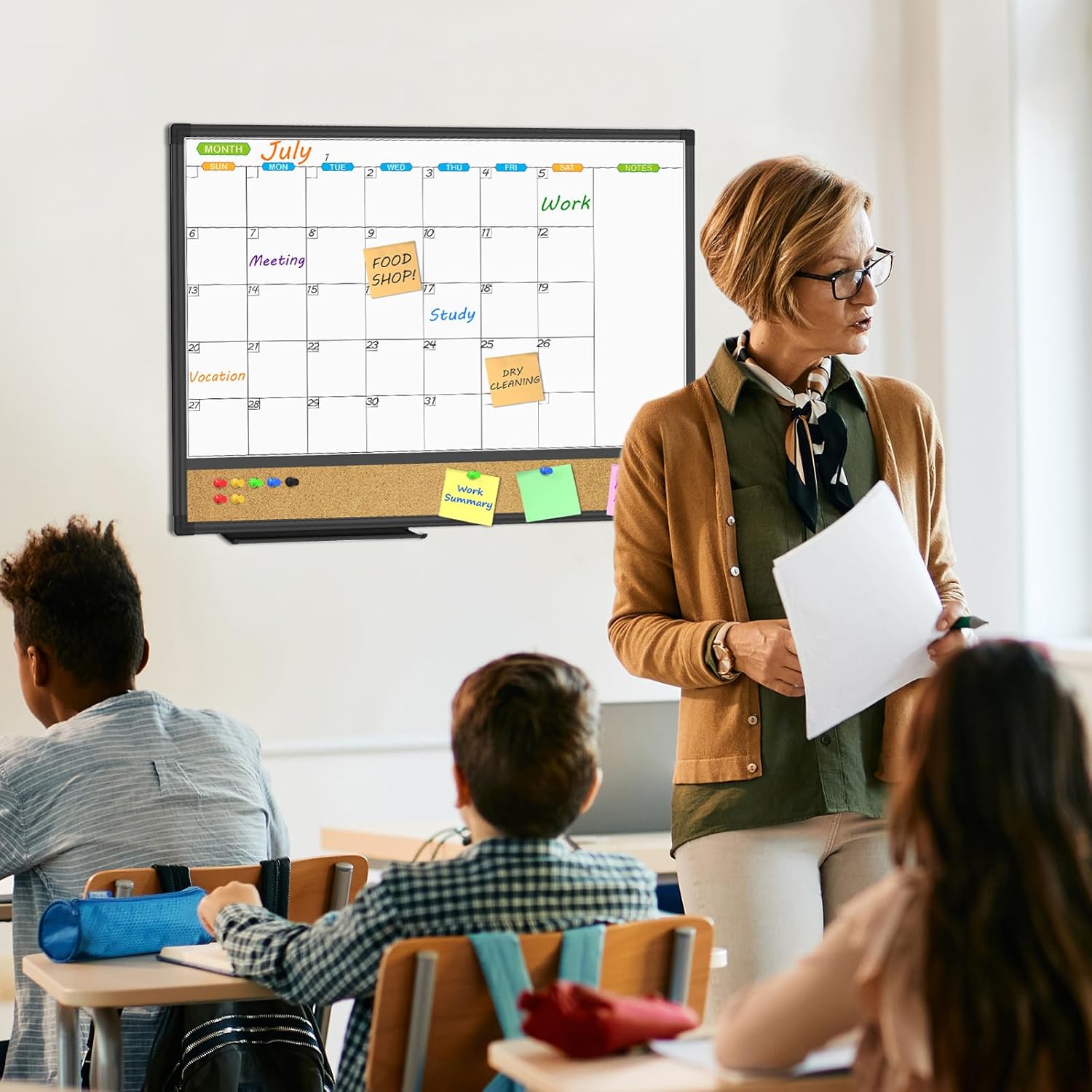 Magnetic Calendar Whiteboard & Bulletin Corkboard Combination, Combo Board 24 x 18 Inch, Black Aluminum Frame Wall