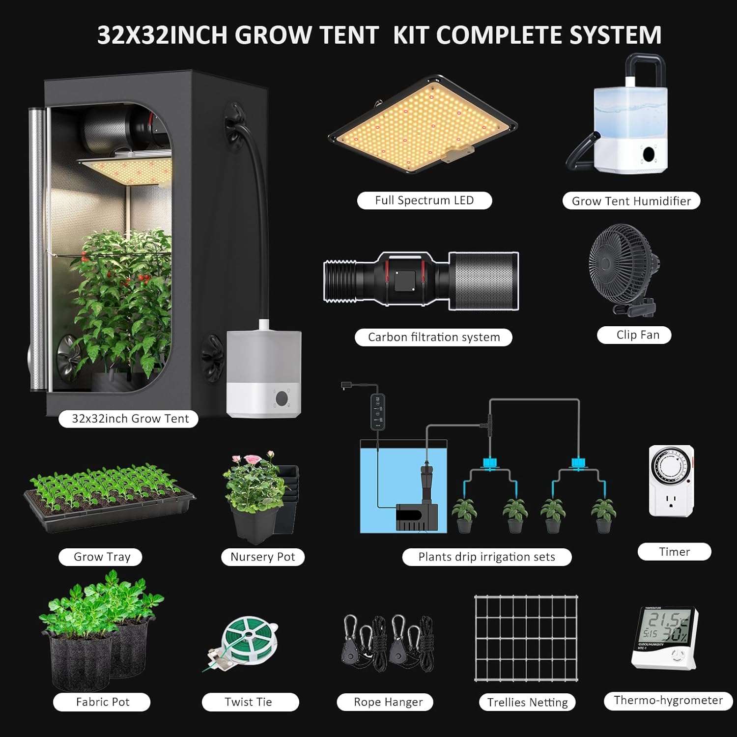 Upgrade Integrated Auto Grow Tent Kit Complete Kit, S1000 LED Grow Light, 32"x32"x64" Grow Tent, 4“ Ventilation with