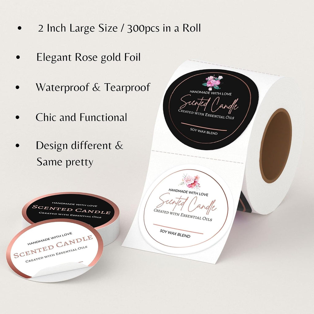 Candle Labels Roll 2 Inch 300pcs Rose Gold Foil | Candle Labels for Candle Making Supplies, Candle Tins, Candle