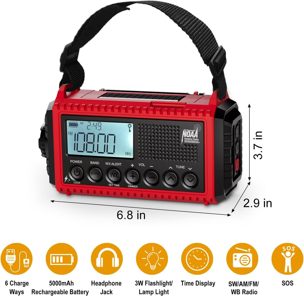 Emergency Radio, 5000mAh/18500mWh Weather Radio, Solar Hand Crank Emergency Radio with AM/FM/SW/NOAA, Cell Phone