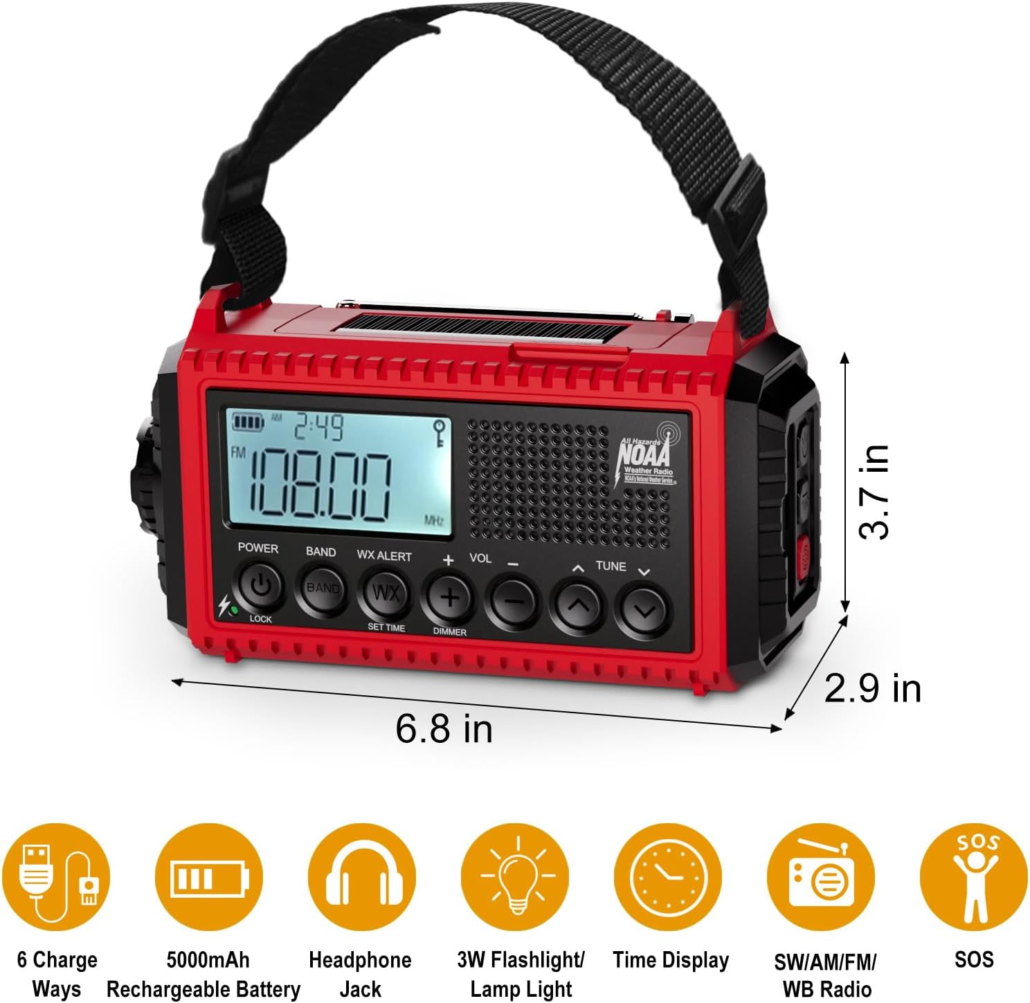 Emergency Radio, 5000mAh/18500mWh Weather Radio, Solar Hand Crank Emergency Radio with AM/FM/SW/NOAA, Cell Phone