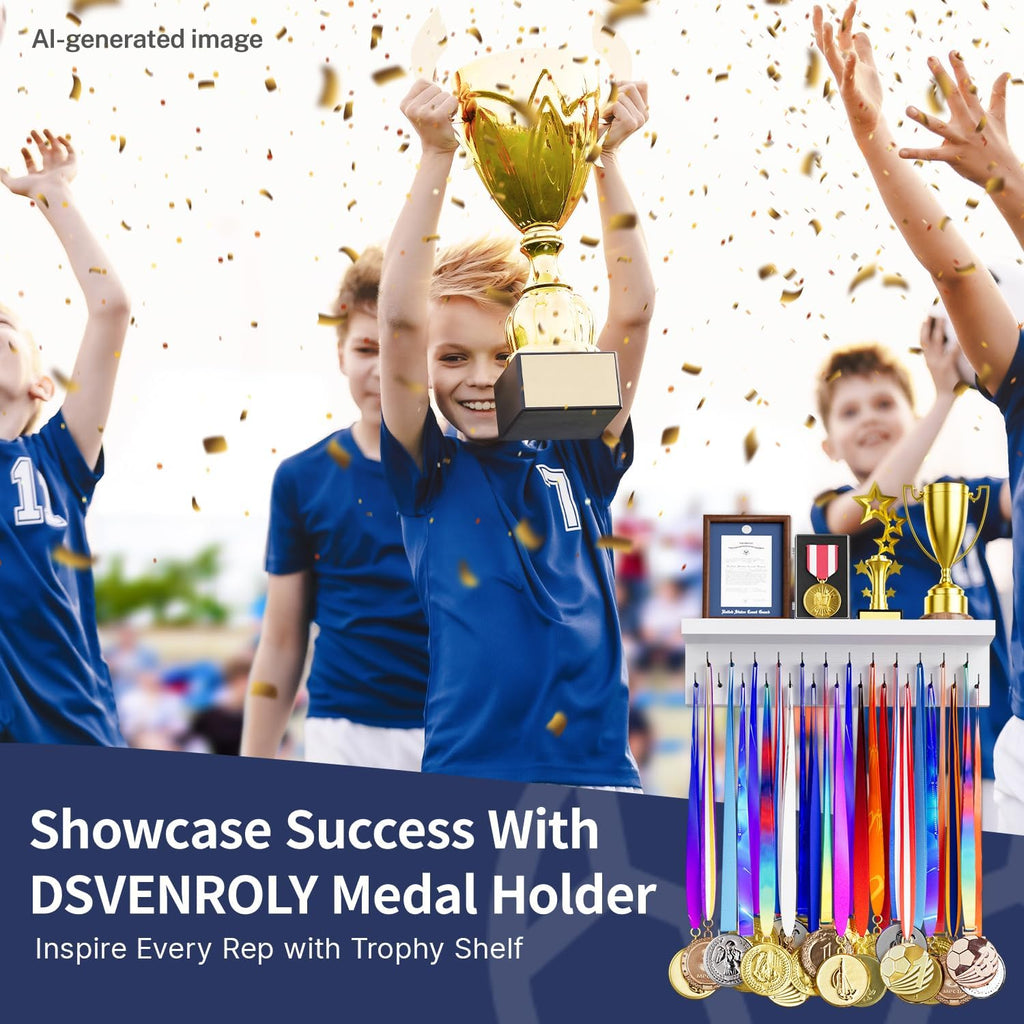 Medal Holder Display Trophy Shelf Organizer, Sturdy Wooden Race Award Hanger Rack with 25 Steel Hooks, Wall Mount