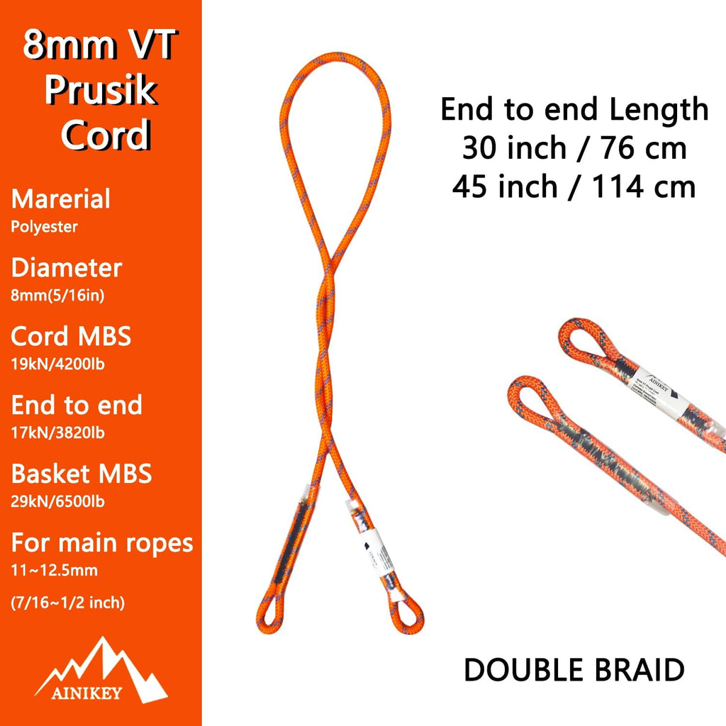 8mm (5/16") Prusik Swen Eye-to-Eye Pre-Sewn 30 inch / 45 inch Climbing Utility Cord Multipurpose for Outdoor Climbing
