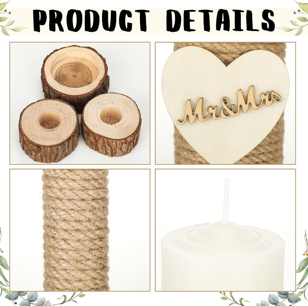 3 Pcs Rustic Unity Candles for Wedding Ceremony Set Mr and Mrs Burlap 1(5.9'') Pillar 2(9.8'') Taper Candles for
