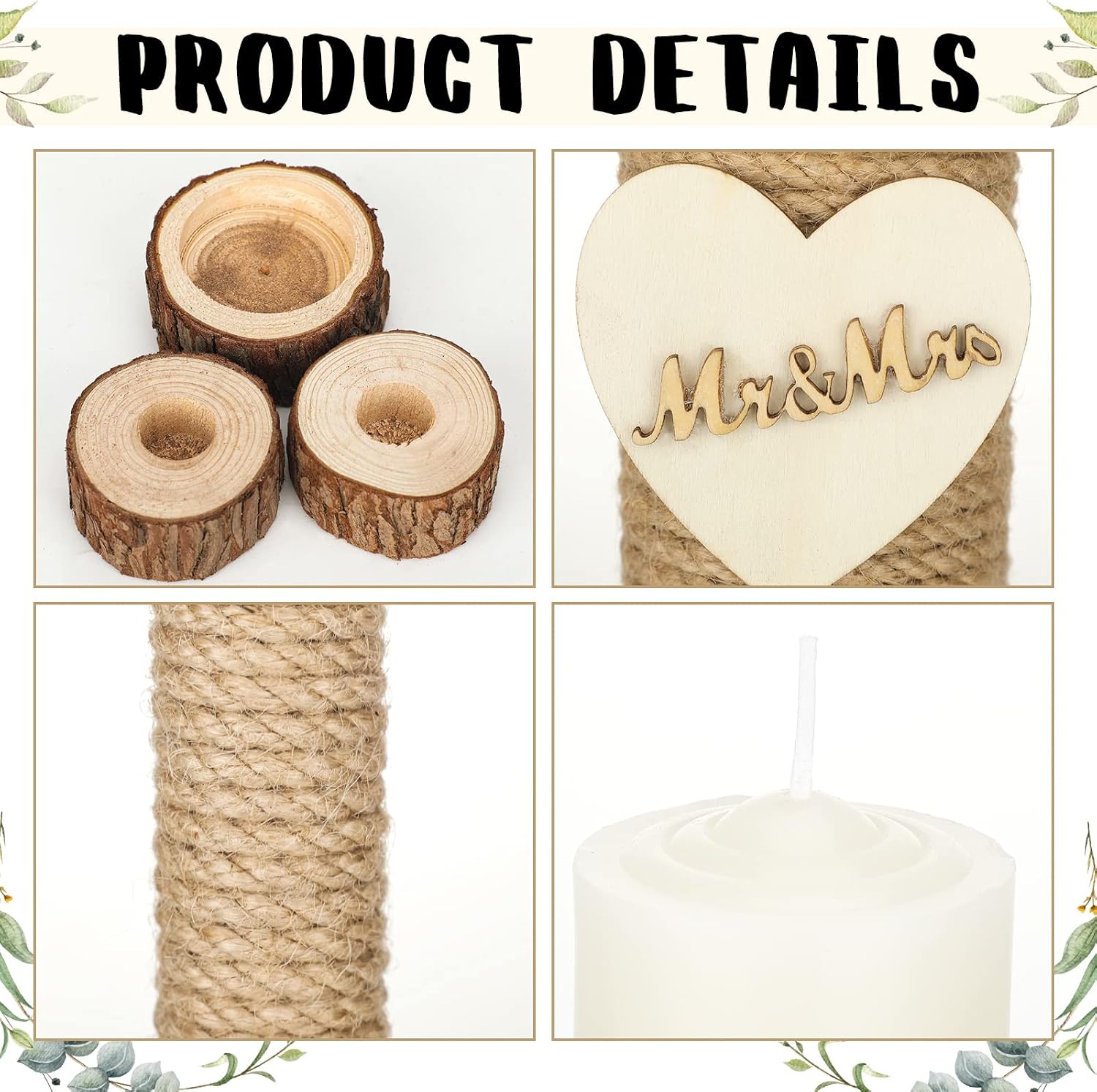 3 Pcs Rustic Unity Candles for Wedding Ceremony Set Mr and Mrs Burlap 1(5.9'') Pillar 2(9.8'') Taper Candles for