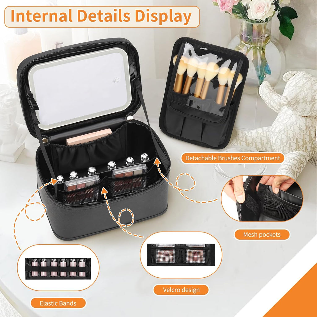 Makeup Bag With LED Mirror, Travel Makeup Bag With 3 Color Setting Light Up Mirror Cosmetic Makeup Organizer Vanity