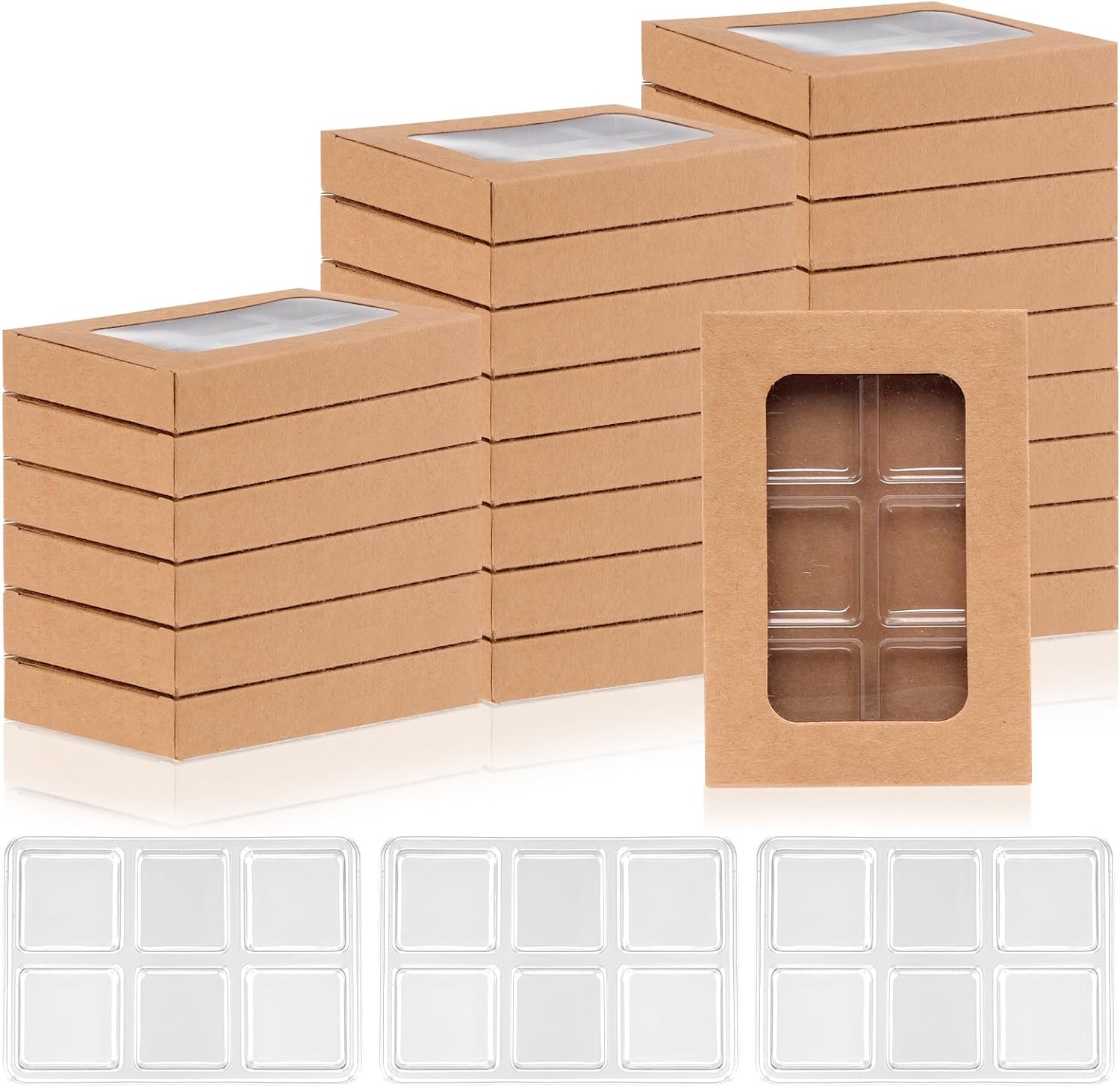 50 PCS Gift Boxes for Wax Melts 6 Cavity Plastic Mold with Box Kraft Wax Melt Boxes Crystal Clear Wax Melt Molds Wax